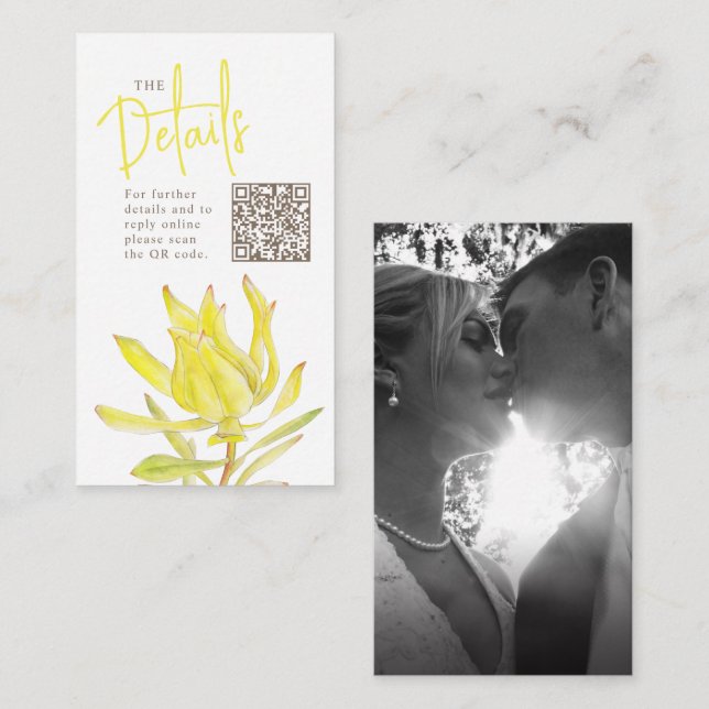 Carte D'accompagnement Site mariage QR mariage jaune leucadendron (Devant / Derrière)