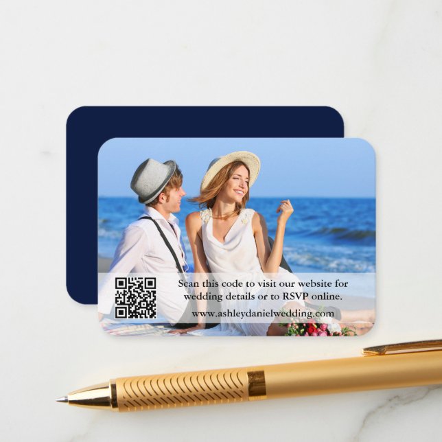 Carte D'accompagnement Site mariage QR Overlay Photo Blue (Devant/Arrière en situation)