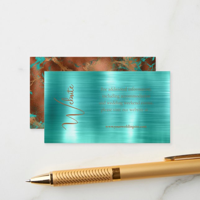 Carte D'accompagnement Site Web de Mariage à Feuille de Cuivre et de Teal (Devant/Arrière en situation)