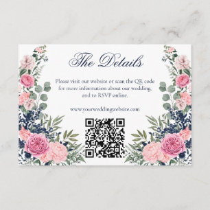 Carte D'accompagnement Site Web de Mariage QR Floral Vert Navy Rose