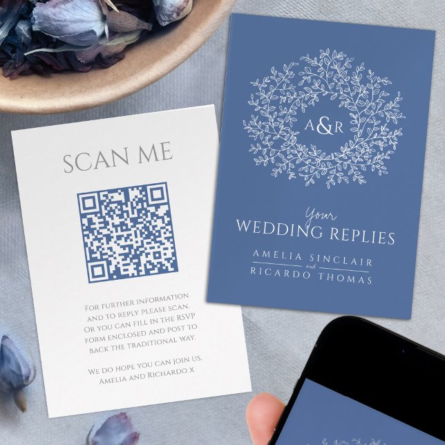 Carte D'accompagnement Site web de mariage Scan code QR monogramme bleu b (Créateur téléchargé)