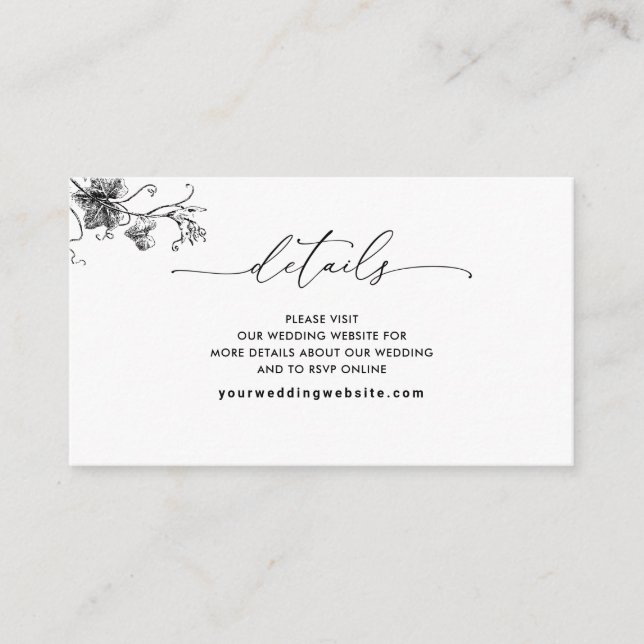 Carte D'accompagnement Site web du Mariage Floral Blanc et Noir /Détails (Devant)