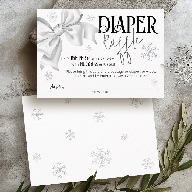 Carte D'accompagnement Snow In Love Bow Winter Baby Shower Diaper Raffle (Winter wonderland black and white coquette bow snow in love snowflake baby shower diaper raffle card)