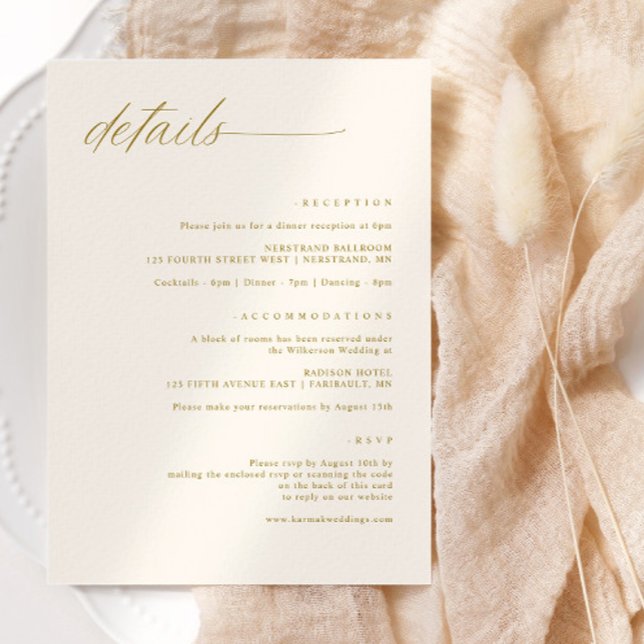 Carte D'accompagnement Soft Delicate Romantic Gold Cream Détails du Maria (Wedding details card - soft, romantic script - elegant, classy and sophisticated. Simple elegant)