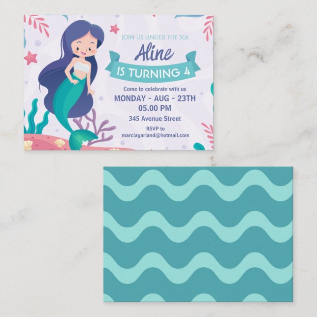 Carte D'accompagnement Soirée d'anniversaire de la mignonne petite sirène (Devant / Derrière)
