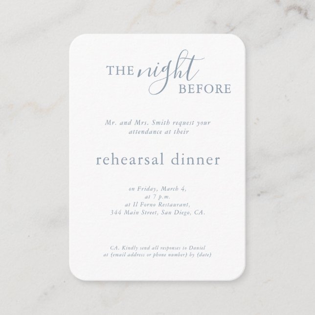 Carte D'accompagnement Soirée de répétition de mariage bleu monogramme (Devant)