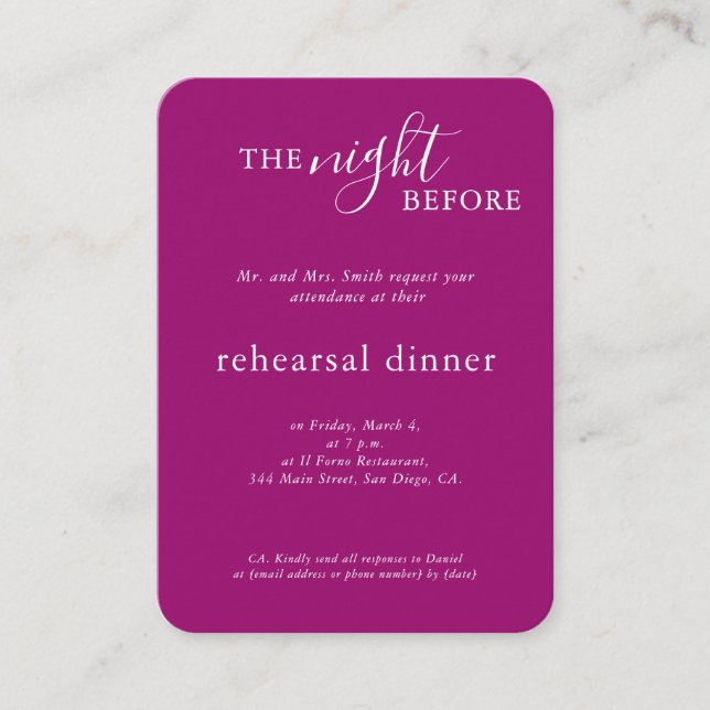 Carte D'accompagnement Soirée de répétition Magenta Monogram de mariage é (Devant)