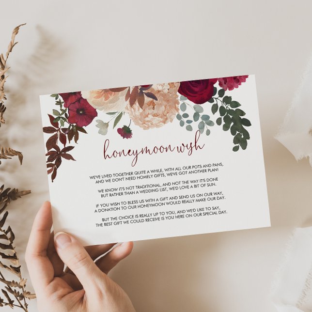 Carte D'accompagnement Souhait de lune de miel floral rose Bourgogne  (Créateur téléchargé)