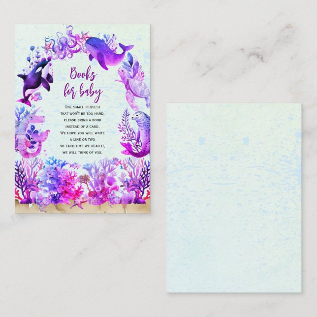 Carte D'accompagnement Sous la mer violet Livres pour baby shower bébé (Devant / Derrière)