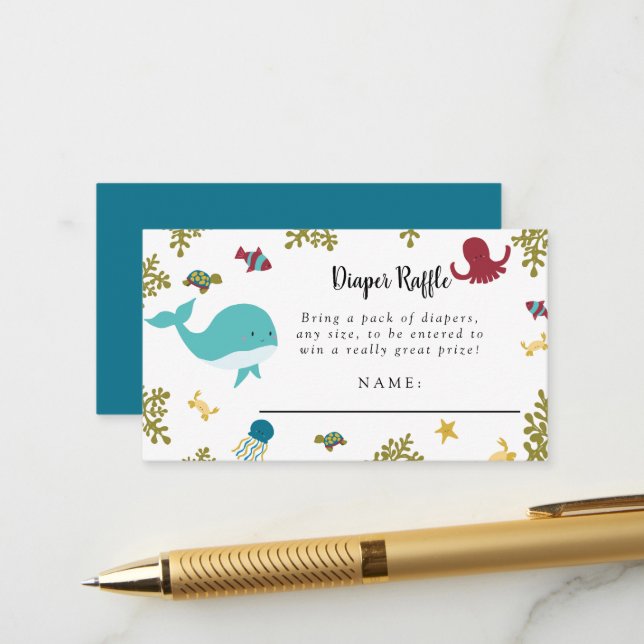 Carte D'accompagnement Sous le Baby shower de mer Cute Diaper Raffle Encl (Devant/Arrière en situation)
