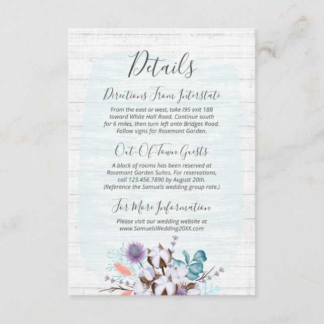 Carte D'accompagnement Southern Cotton Floral Mariage Détail / Directions (Devant)