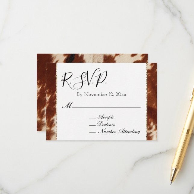 Carte D'accompagnement Southwest Brown Cream Animal Cowhide Wedding RSVP (Devant/Arrière en situation)