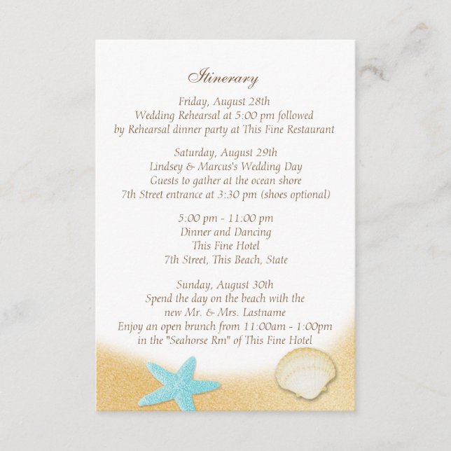 Carte D'accompagnement Sparkle Beach Seashell Aqua Mariage Intinéraire (Devant)