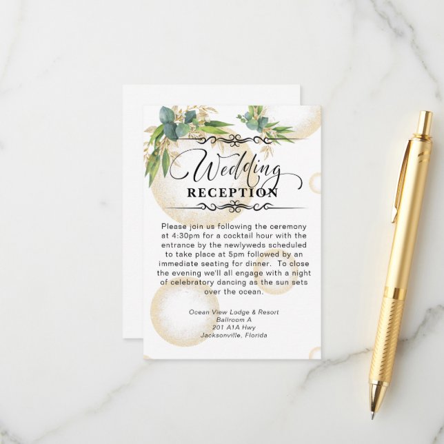 Carte D'accompagnement Sphères d'or et réception de mariage botanique (Devant/Arrière en situation)
