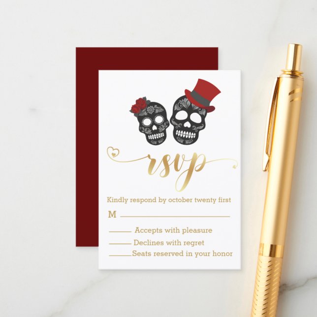 Carte D'accompagnement squelettes d'halloween script or mariage rsvp (Devant/Arrière en situation)