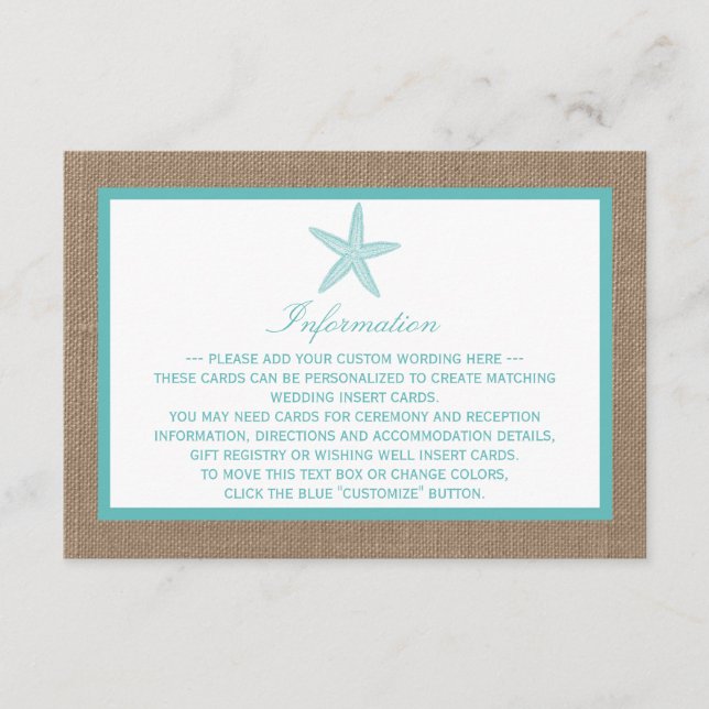 Carte D'accompagnement Starfish Turquoise Burlap Beach Wedding Collection (Devant)