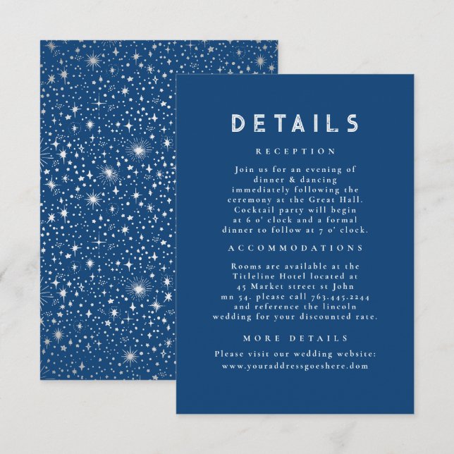 Carte D'accompagnement Starry Night Celestial Blue Détails du Mariage (Devant / Derrière)