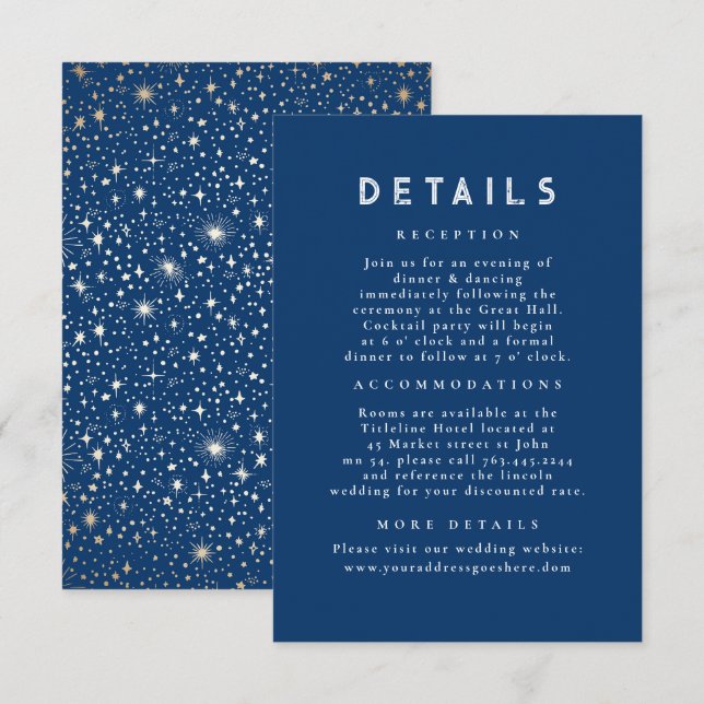 Carte D'accompagnement Starry Night Celestial Blue Gold Détails du Mariag (Devant / Derrière)