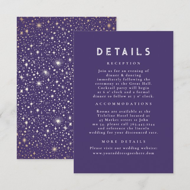 Carte D'accompagnement Starry Night Celestial Purple Détails du Mariage (Devant / Derrière)