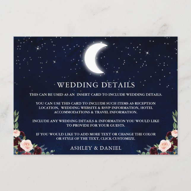Carte D'accompagnement Stars de lune céleste Détails du Mariage floral (Devant)