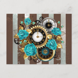 Carte D'accompagnement Steampunk Clock and Turquoise Roses on Striped