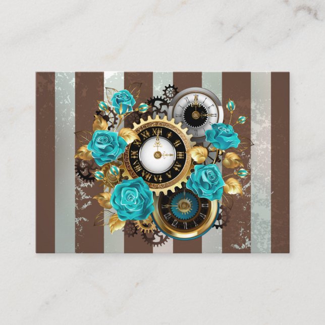 Carte D'accompagnement Steampunk Clock and Turquoise Roses on Striped (Devant)