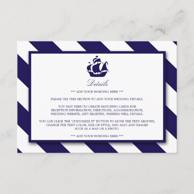 Carte D'accompagnement Stripes nautiques et Marine Blue Ship Mariage Déta (Devant)