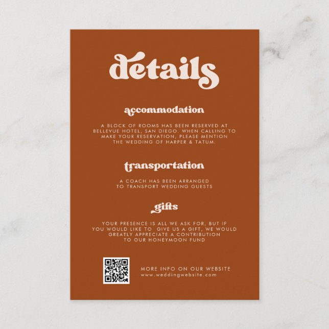 Carte D'accompagnement Style rétro Burnt Orange Détails du Mariage QR (Devant)