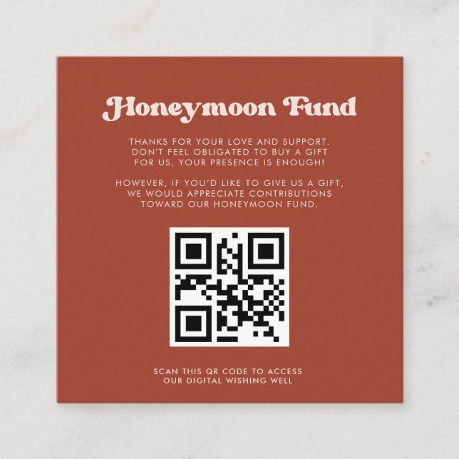 Carte D'accompagnement Stylish retro Terracotta Honeymoon fund Code QR (Devant)