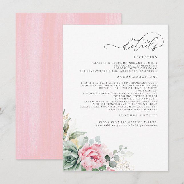 Carte D'accompagnement Succulents Verdure rose Floral Détails du Mariage (Devant / Derrière)