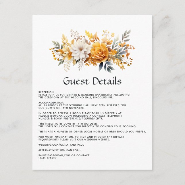Carte D'accompagnement Sundial Floral Mariage Détails de l'invité (Devant)