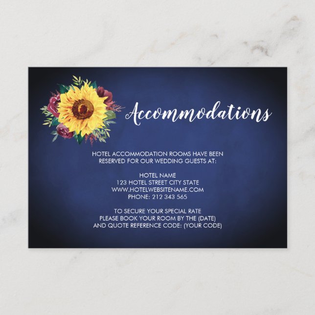 Carte D'accompagnement Sunflower Bourgogne Rose Marine Mariage Hébergemen (Devant)