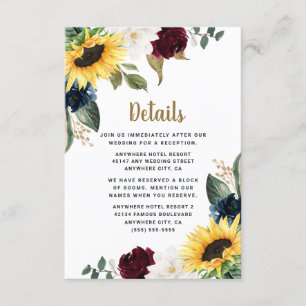 Carte D'accompagnement Sunflower Bourgogne Rouge et bleu marine Roses Mar