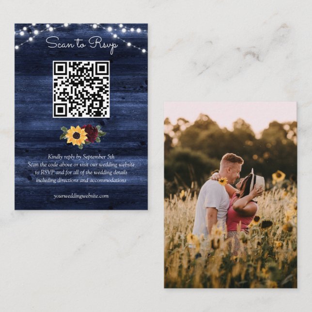 Carte D'accompagnement Sunflower Burgundy Marine Mariage de bois QR Code  (Devant / Derrière)