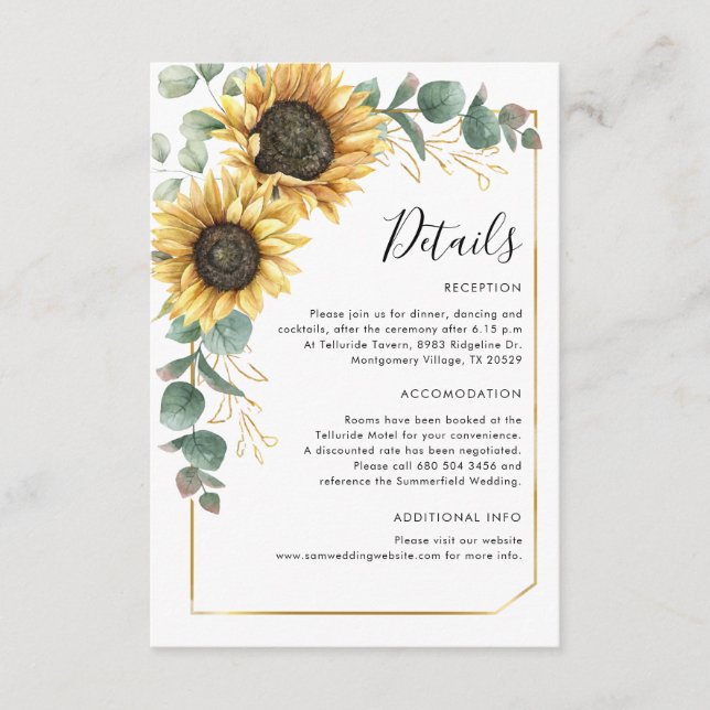 Carte D'accompagnement Sunflower Eucalyptus Floral Détails du Mariage (Devant)