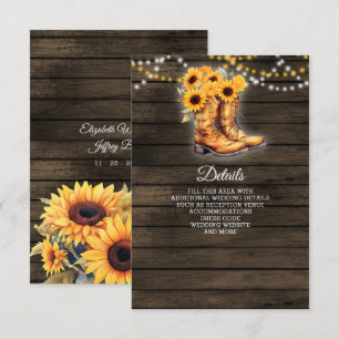 Carte D'accompagnement Sunflowers Cowboy Boots Barre Bois Mariage de l'Ou