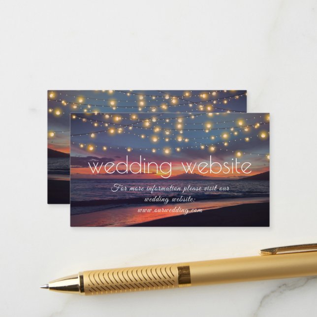 Carte D'accompagnement Sunset Beach String Lights Site Mariage d'été (Devant/Arrière en situation)
