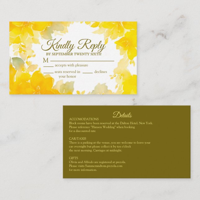 Carte D'accompagnement Sunshine & Blooms : Aquarelle Jaune Florale RSVP (Devant / Derrière)