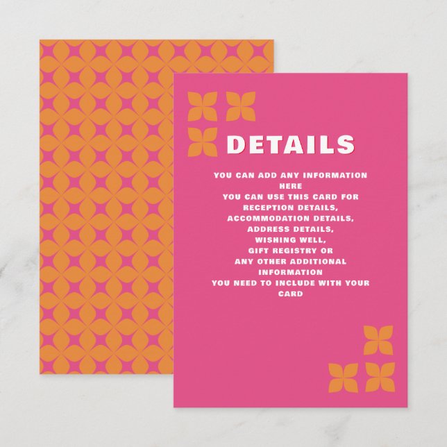 Carte D'accompagnement Super rétro les années 70 rose orange Mariage (Devant / Derrière)