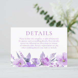 Carte D'accompagnement Superbe Lavande violette Détails du Mariage Floral