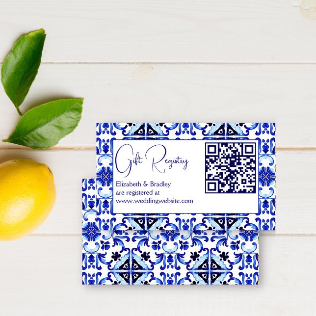 Carte D'accompagnement Talavera azulejo bleu tuiles qr registre cadeau (Talavera azulejo Maiolica blue tiles qr gift registry enclosure card vintage Mexican Mediterranean)