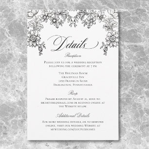 Carte D'accompagnement Tapisserie vintage noir et blanc Mariage Floral