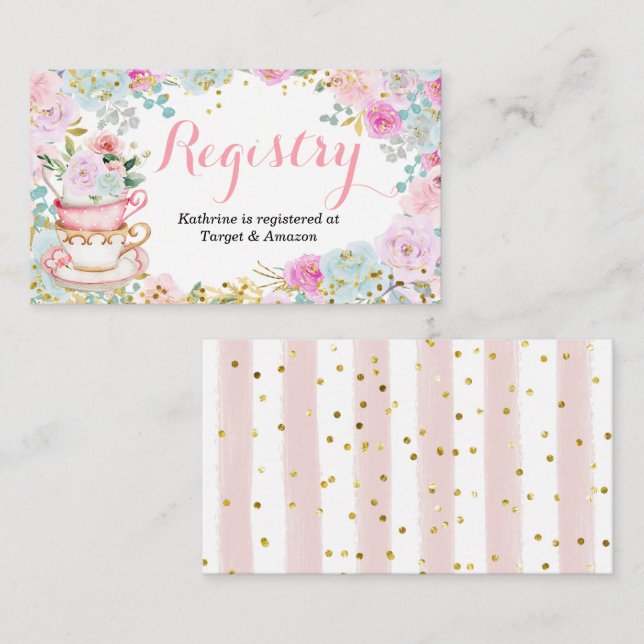 Carte D'accompagnement Tea Party Baby shower Pastel Floral Registry (Devant / Derrière)