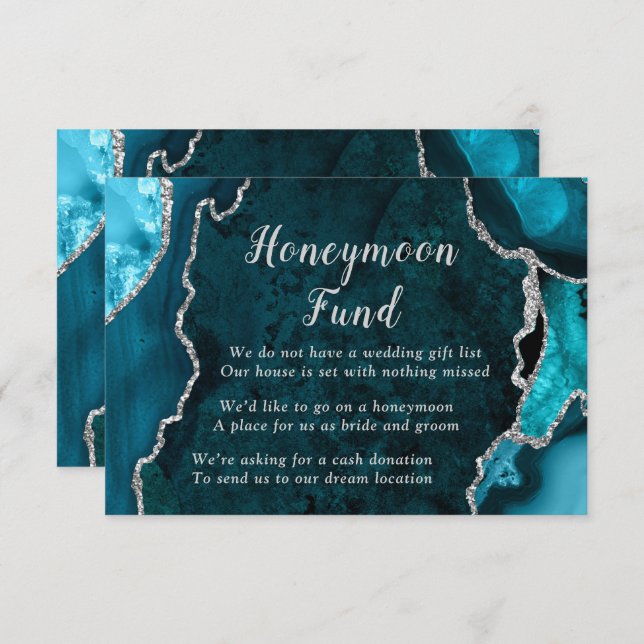 Carte D'accompagnement Teal Blue and Silver Agate Honeymoon Fund (Devant / Derrière)