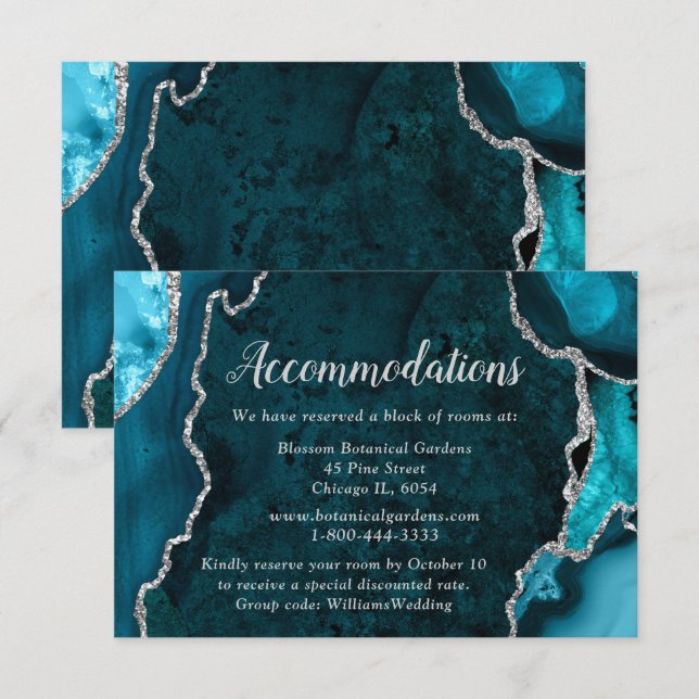 Carte D'accompagnement Teal Blue and Silver Agate Wedding Accommodations (Devant / Derrière)