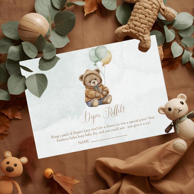 Carte D'accompagnement Teddy Bear Brown Sage Green Balloons Baby (Créateur téléchargé)