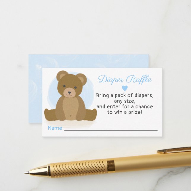 Carte D'accompagnement Teddy Bear Diaper Raffle Boy Baby shower (Devant/Arrière en situation)
