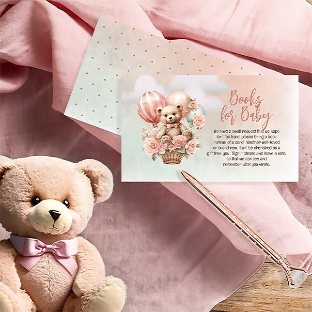 Carte D'accompagnement Teddy Bear Pink Balloon Baby showers Livres pour b (Teddy Bear in a Hot Air Balloon with Pink Flowers  Girl Baby Shower Books for Baby Cards)