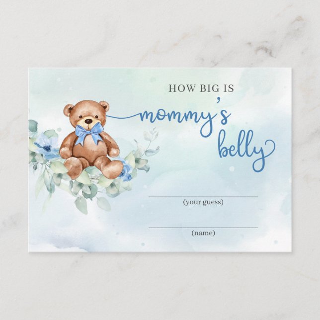 Carte D'accompagnement Teddy ours fleurs bleues Quelle taille a le ventre (Devant)