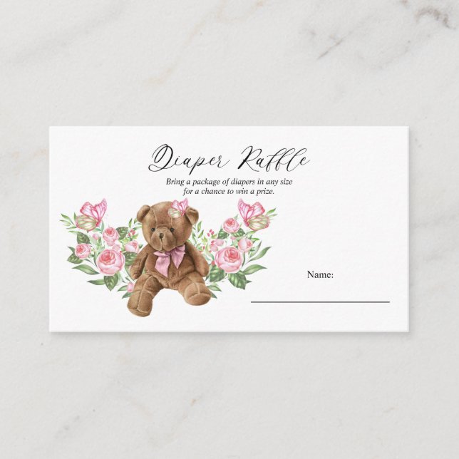 Carte D'accompagnement Teddy Ours rose Baby shower floral Déchet Raffle E (Devant)